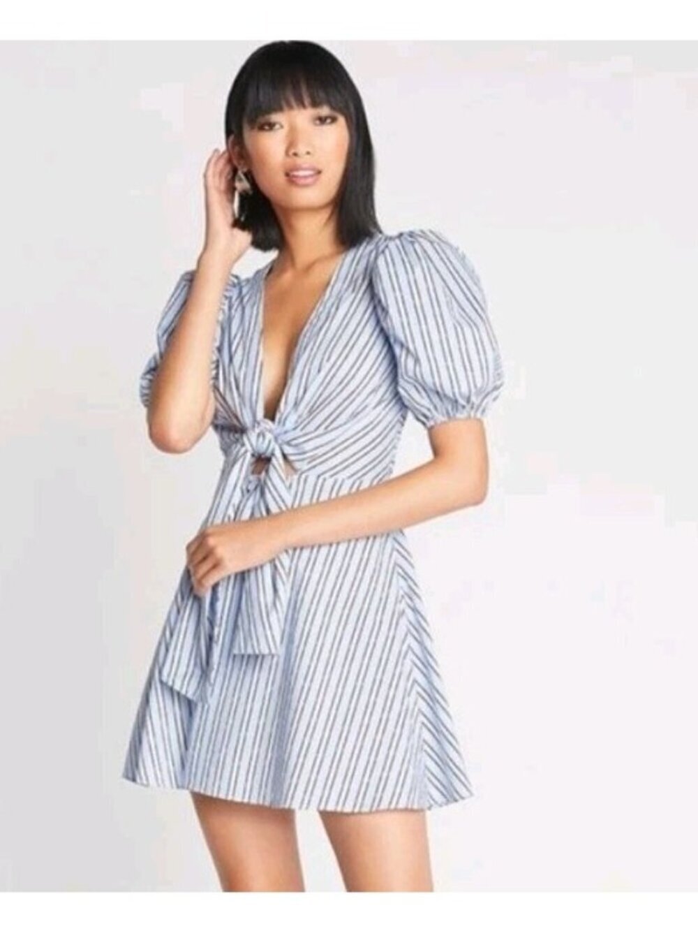 Choosy Poolside Dress S Blue Stripe Puff Sleeve Tie Front Mini NWT Cotton